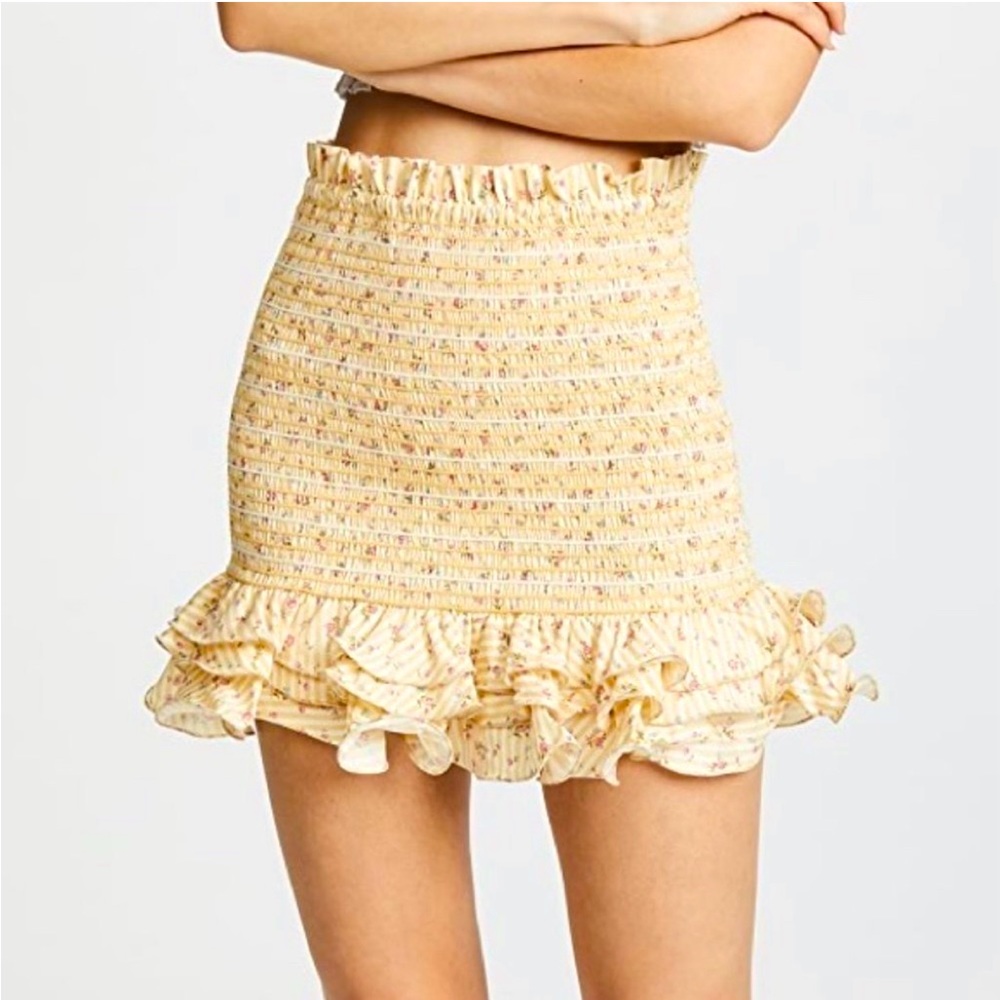Petersyn Barrett Skirt Smocked Ruffle Mini Skirt Floral Buttermilk Yellow Size S